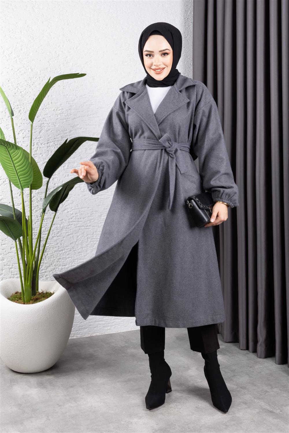 Kruvaze Yakalı Kaşe Kaban Gri