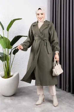 Kruvaze Yakalı Kaşe Kaban Haki