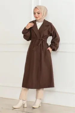 Kruvaze Yakalı Kaşe Kaban Kahverengi