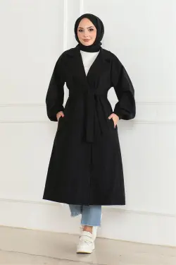 Kruvaze Yakalı Kaşe Kaban Siyah