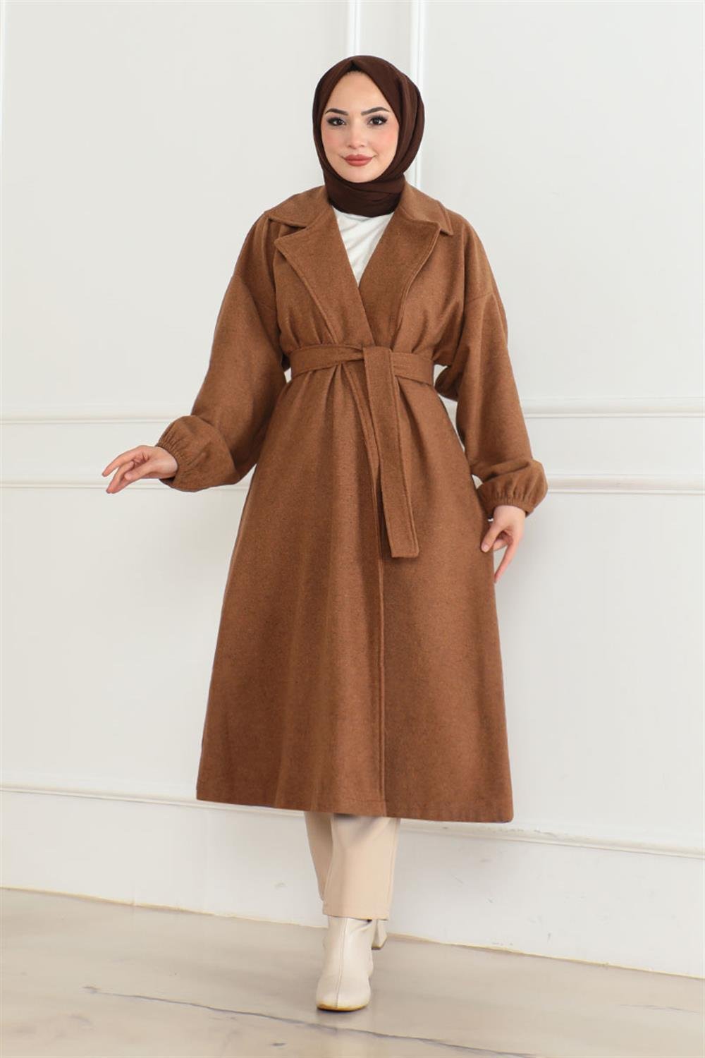 Kruvaze Yakalı Kaşe Kaban Taba