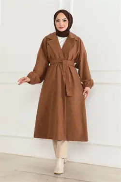 Kruvaze Yakalı Kaşe Kaban Taba