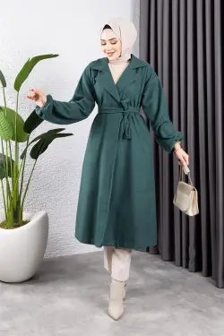 Kruvaze Yakalı Kaşe Kaban Zümrüt Yeşili