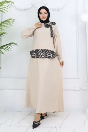 Kurdele Detaylı Leopar Desenli Takım Taş Rengi 4804