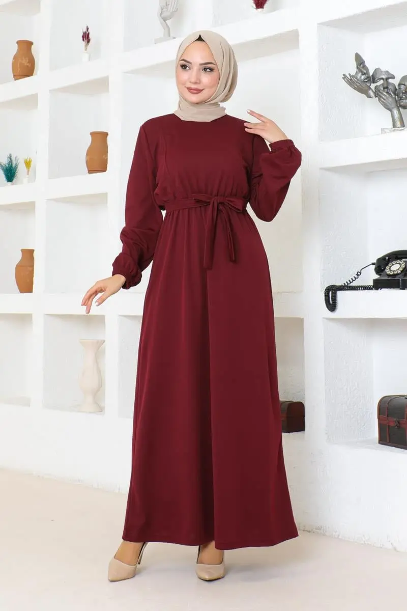 Kuşak Detaylı Tesettür Elbise Bordo-detail