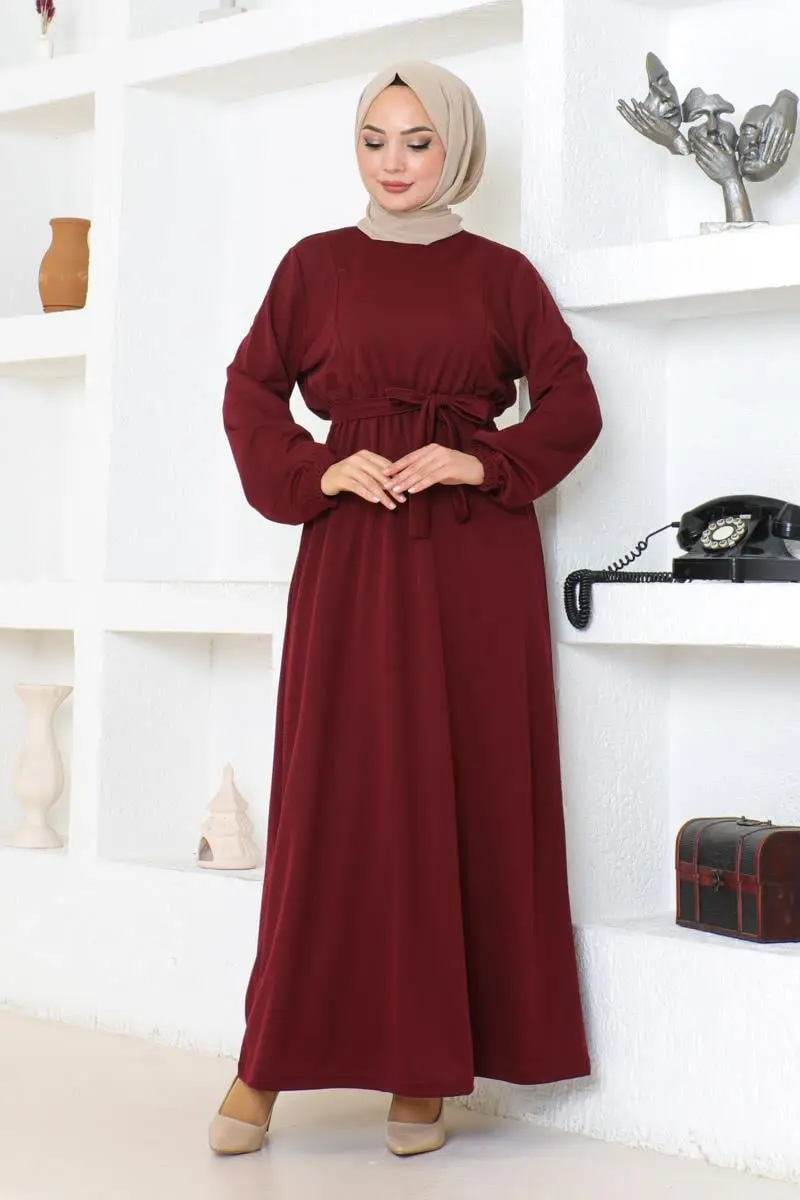 Kuşak Detaylı Tesettür Elbise Bordo-detail