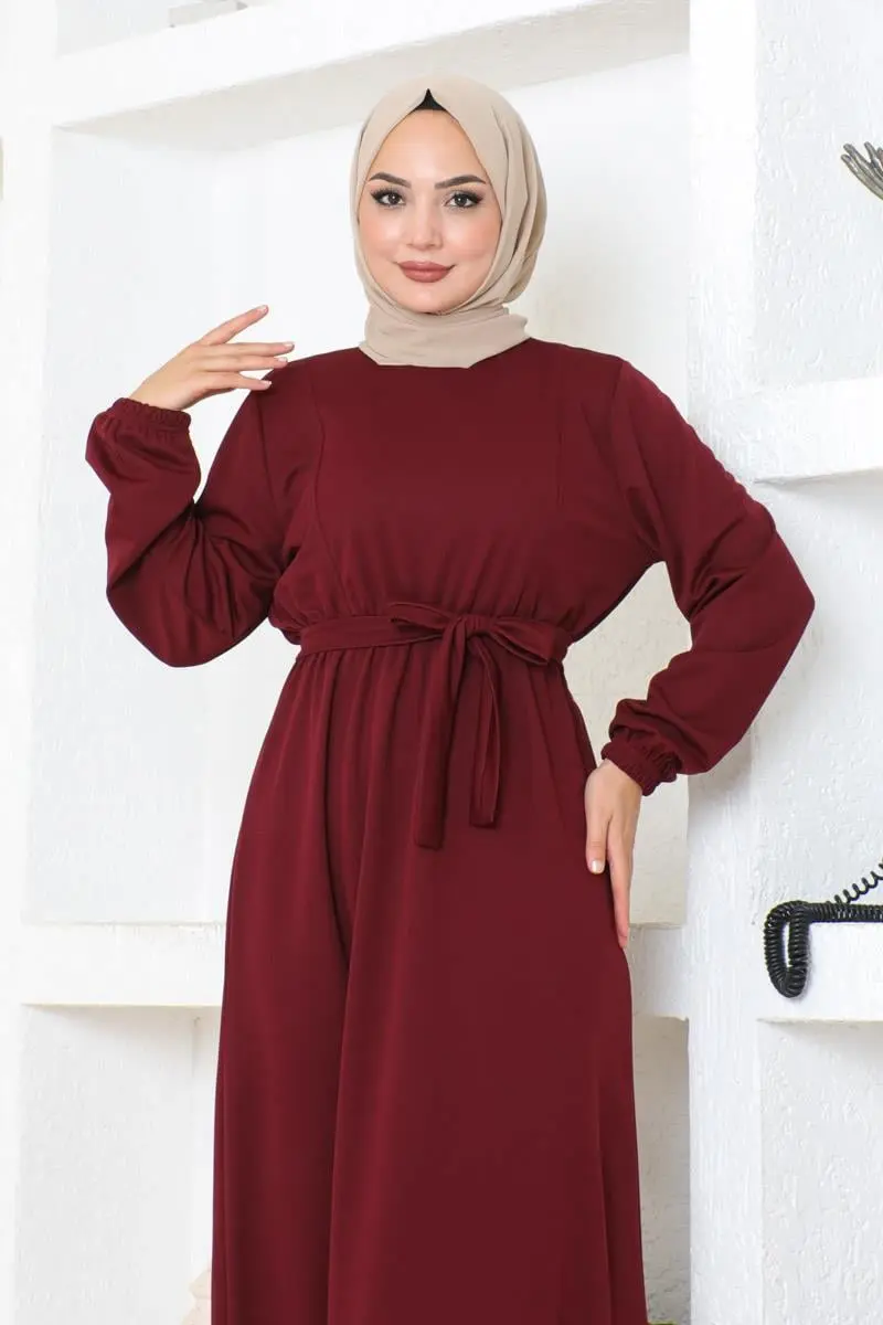 Kuşak Detaylı Tesettür Elbise Bordo-detail
