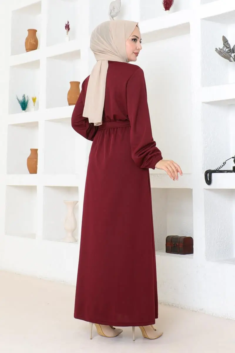 Kuşak Detaylı Tesettür Elbise Bordo-detail