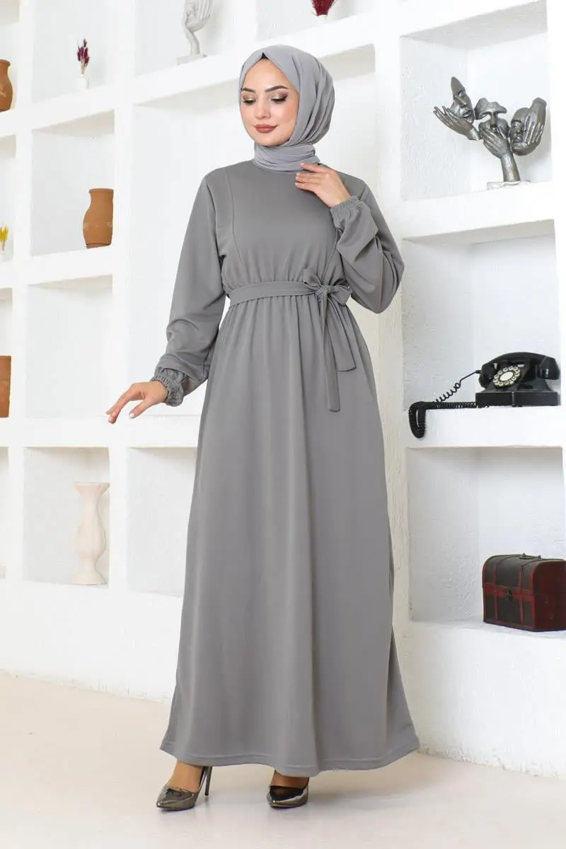 Kuşak Detaylı Tesettür Elbise Gri-detail