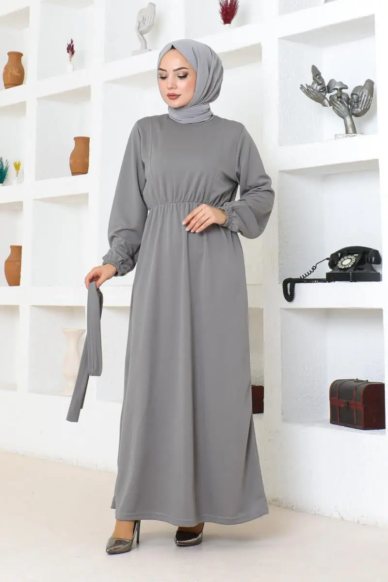 Kuşak Detaylı Tesettür Elbise Gri-detail