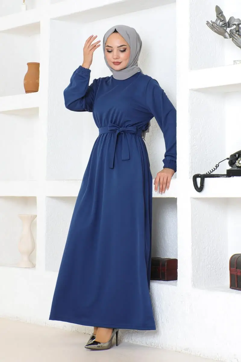 Kuşak Detaylı Tesettür Elbise Indigo-detail