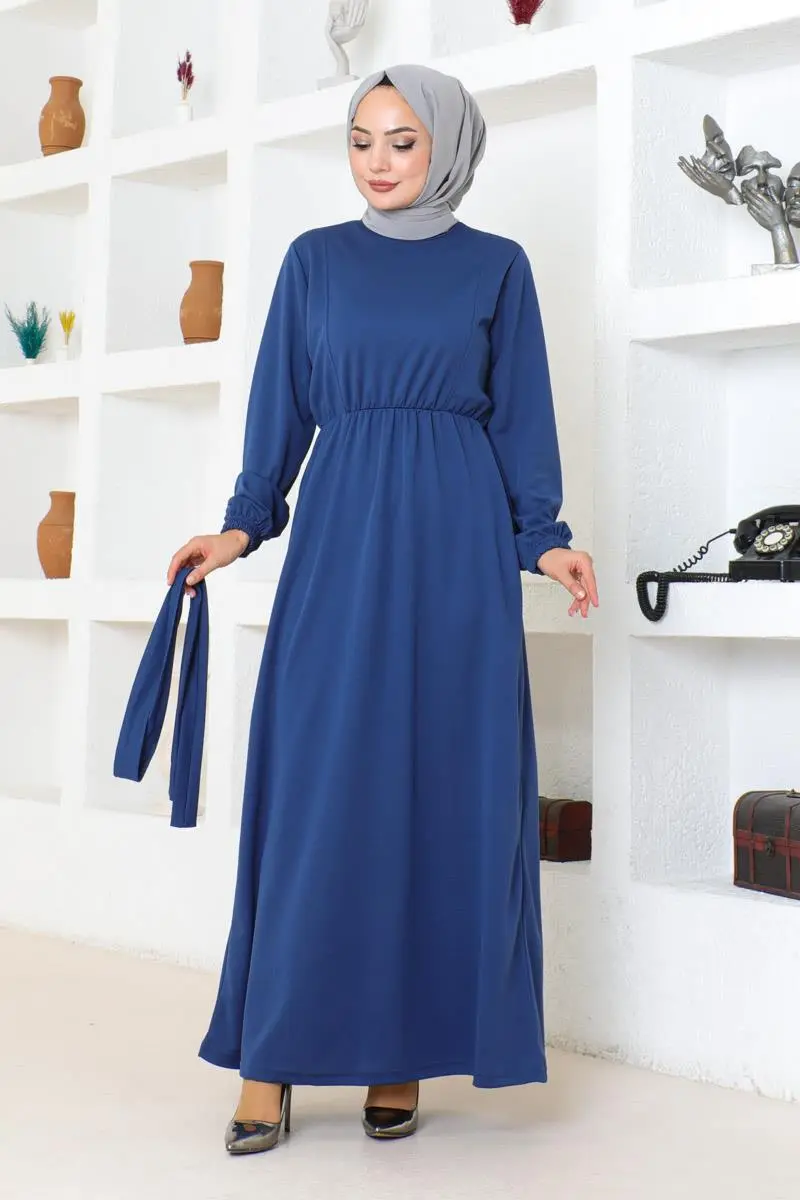Kuşak Detaylı Tesettür Elbise Indigo-detail