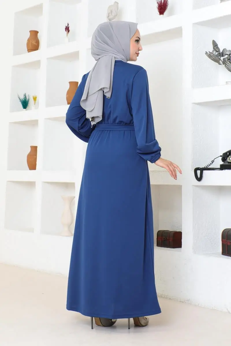 Kuşak Detaylı Tesettür Elbise Indigo-detail