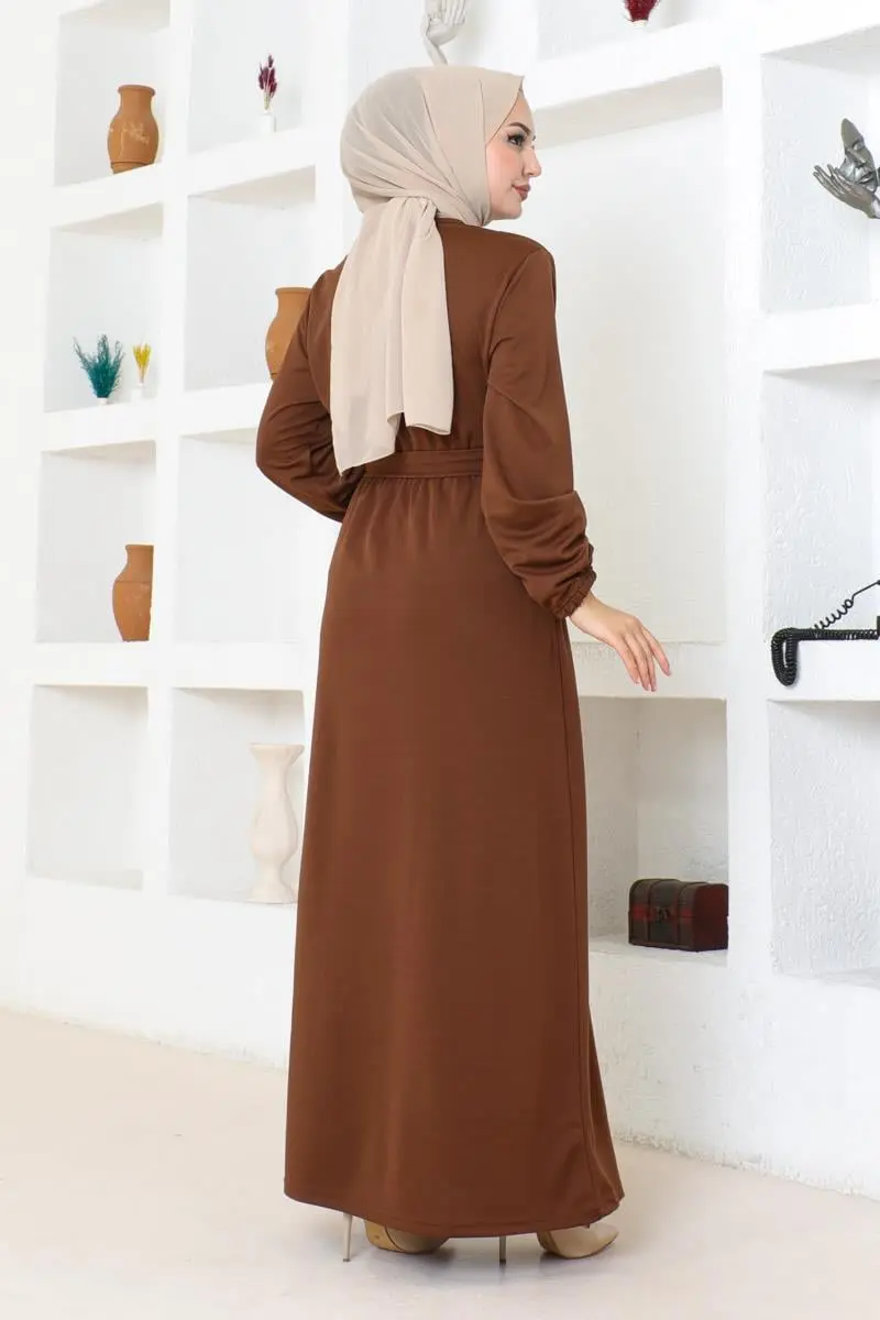 Kuşak Detaylı Tesettür Elbise Kahverengi-detail
