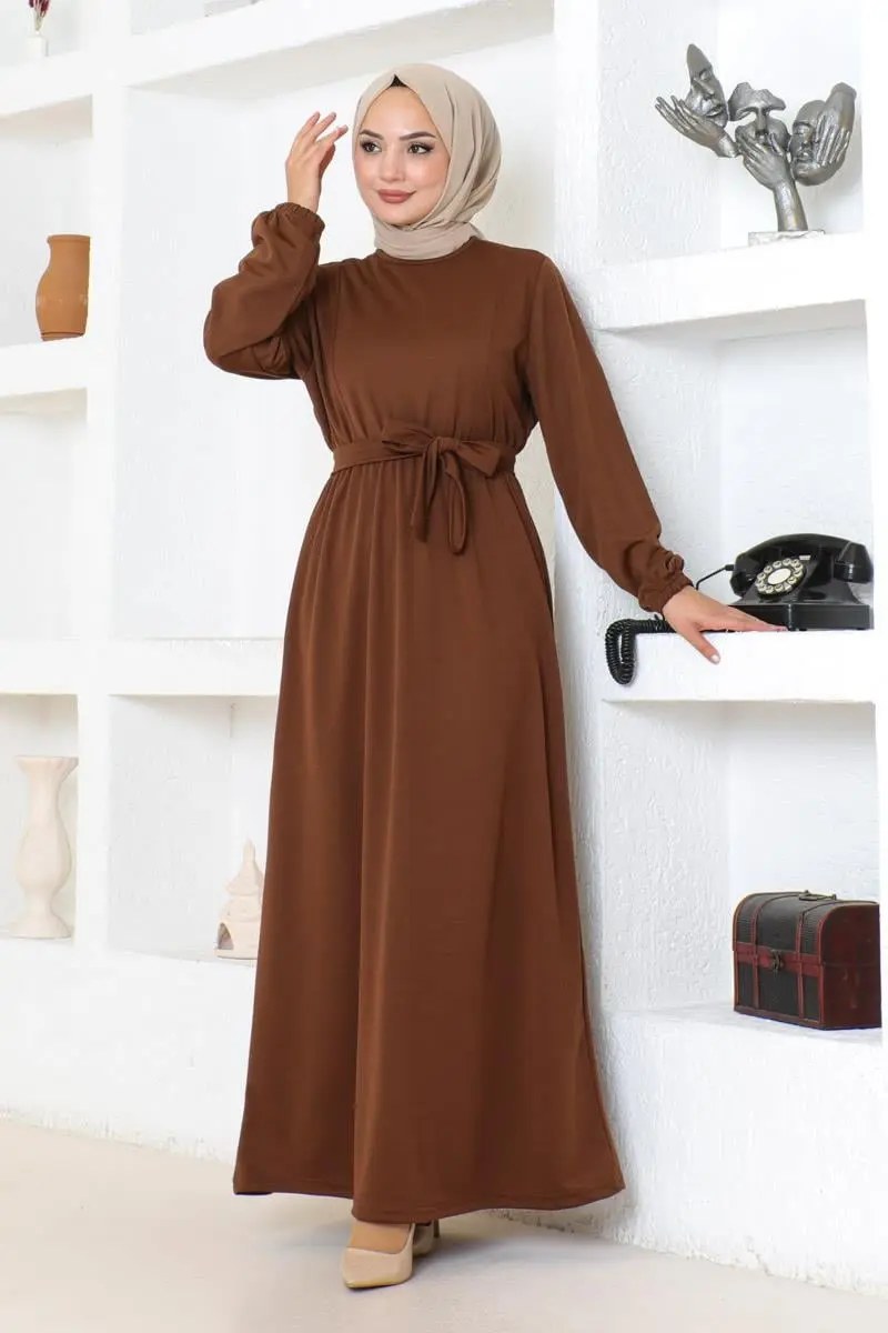 Kuşak Detaylı Tesettür Elbise Kahverengi-detail
