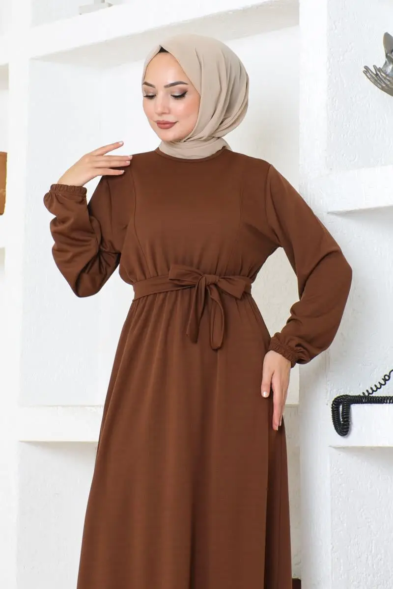 Kuşak Detaylı Tesettür Elbise Kahverengi-detail