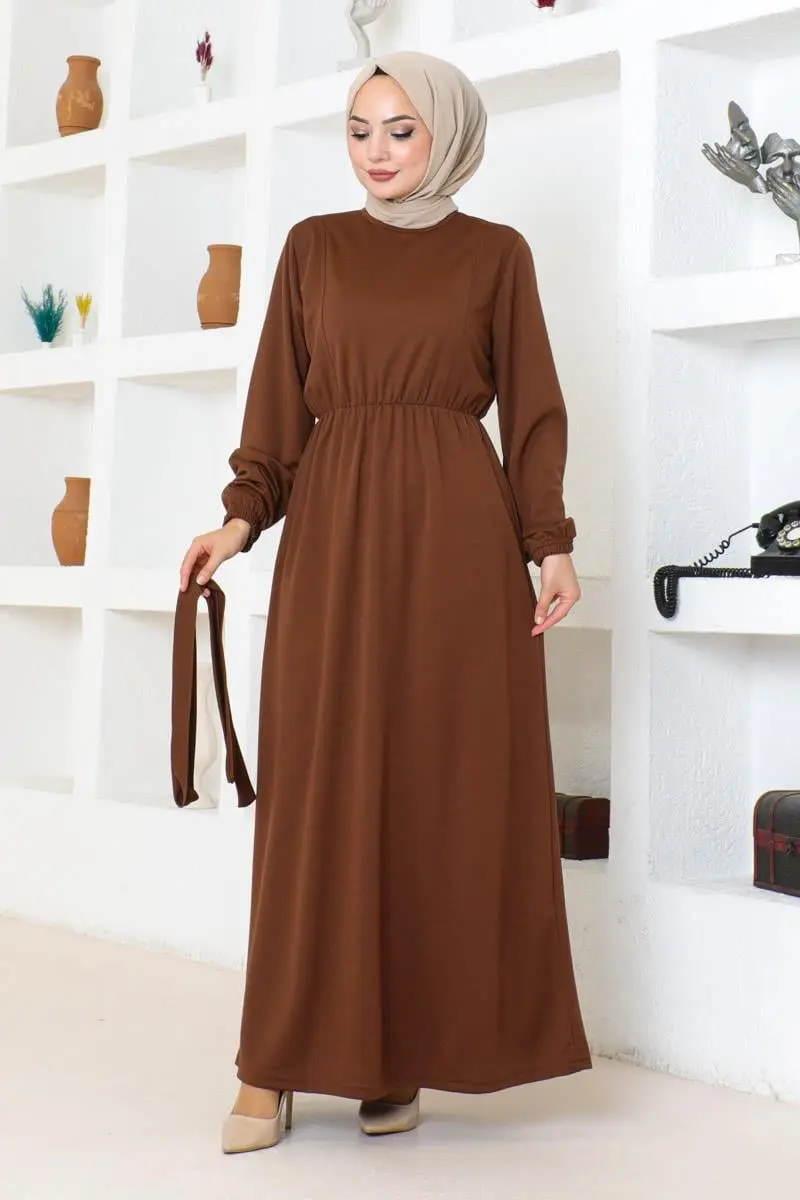 Kuşak Detaylı Tesettür Elbise Kahverengi-detail