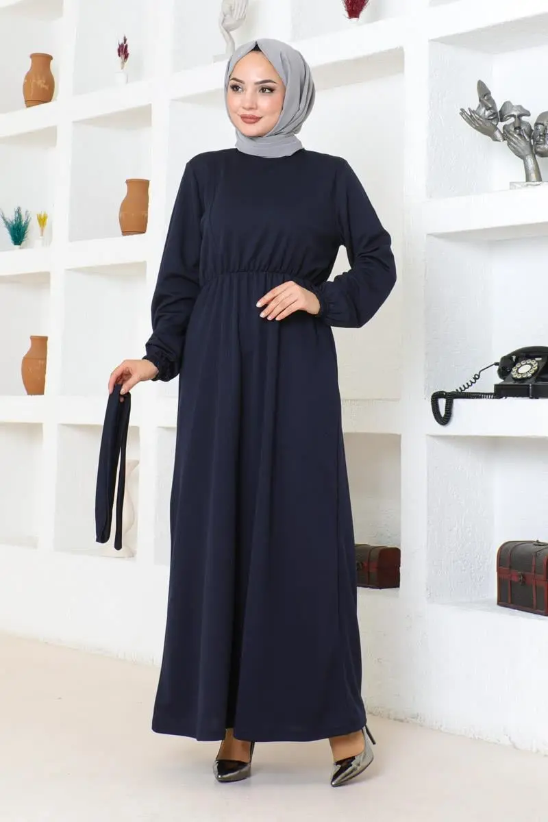 Kuşak Detaylı Tesettür Elbise Lacivert-detail