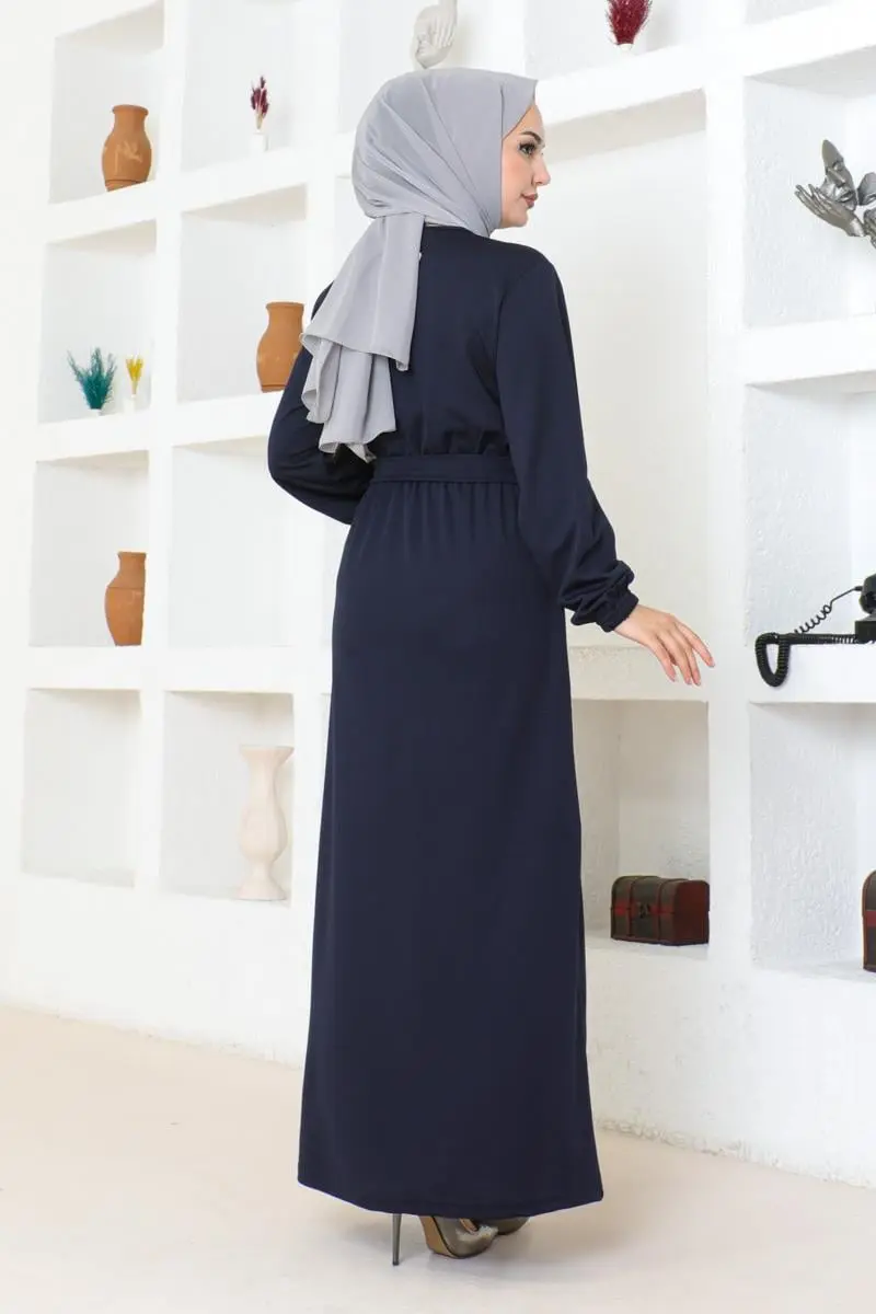 Kuşak Detaylı Tesettür Elbise Lacivert-detail