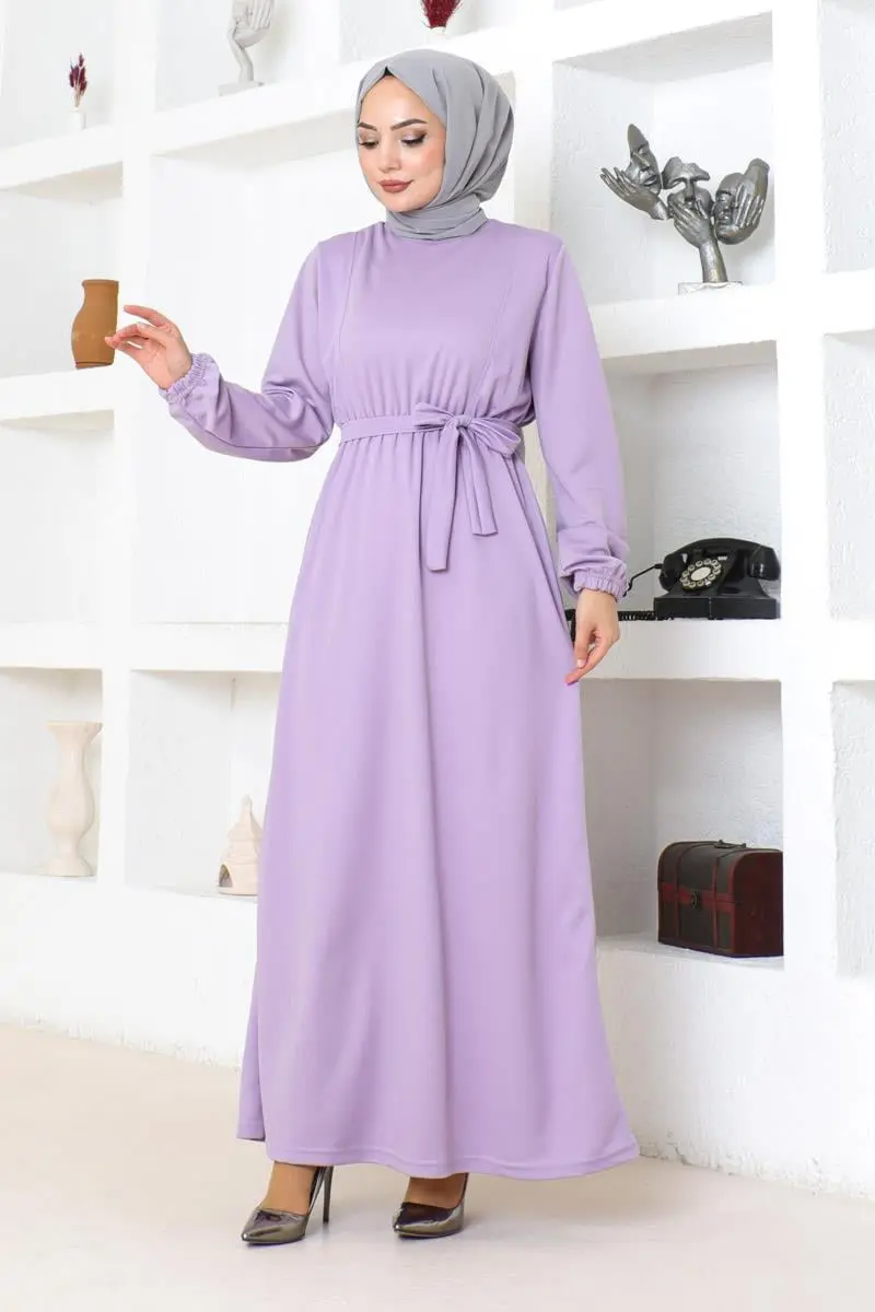 Kuşak Detaylı Tesettür Elbise Lila-detail