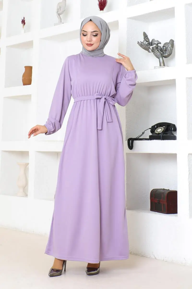Kuşak Detaylı Tesettür Elbise Lila-detail