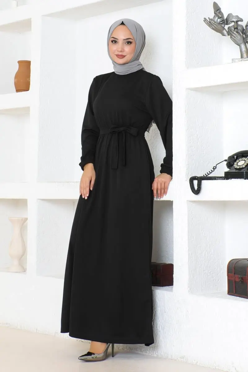 Kuşak Detaylı Tesettür Elbise Siyah-detail