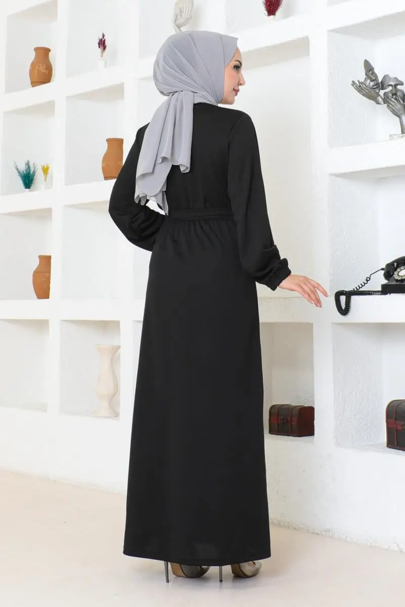 Kuşak Detaylı Tesettür Elbise Siyah-detail