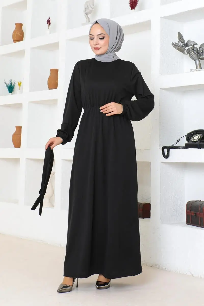Kuşak Detaylı Tesettür Elbise Siyah-detail