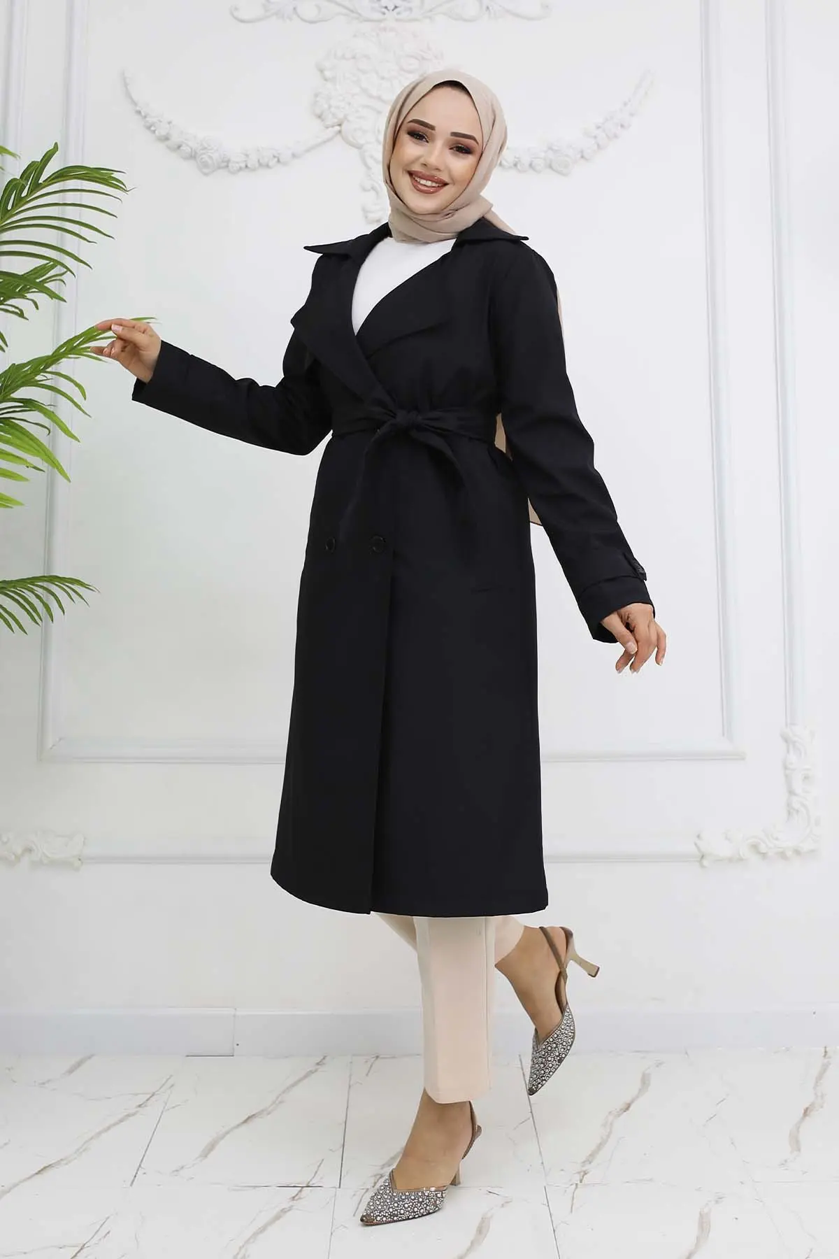 Kuşaklı Kruvaze Yaka Trençkot-detail