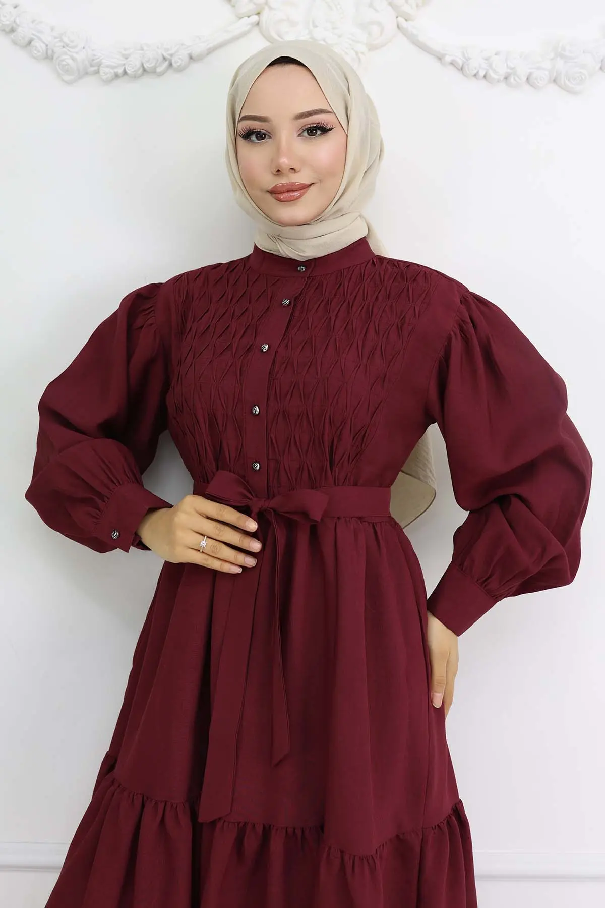 Kuşaklı Tesettür Elbise Bordo 2247-detail