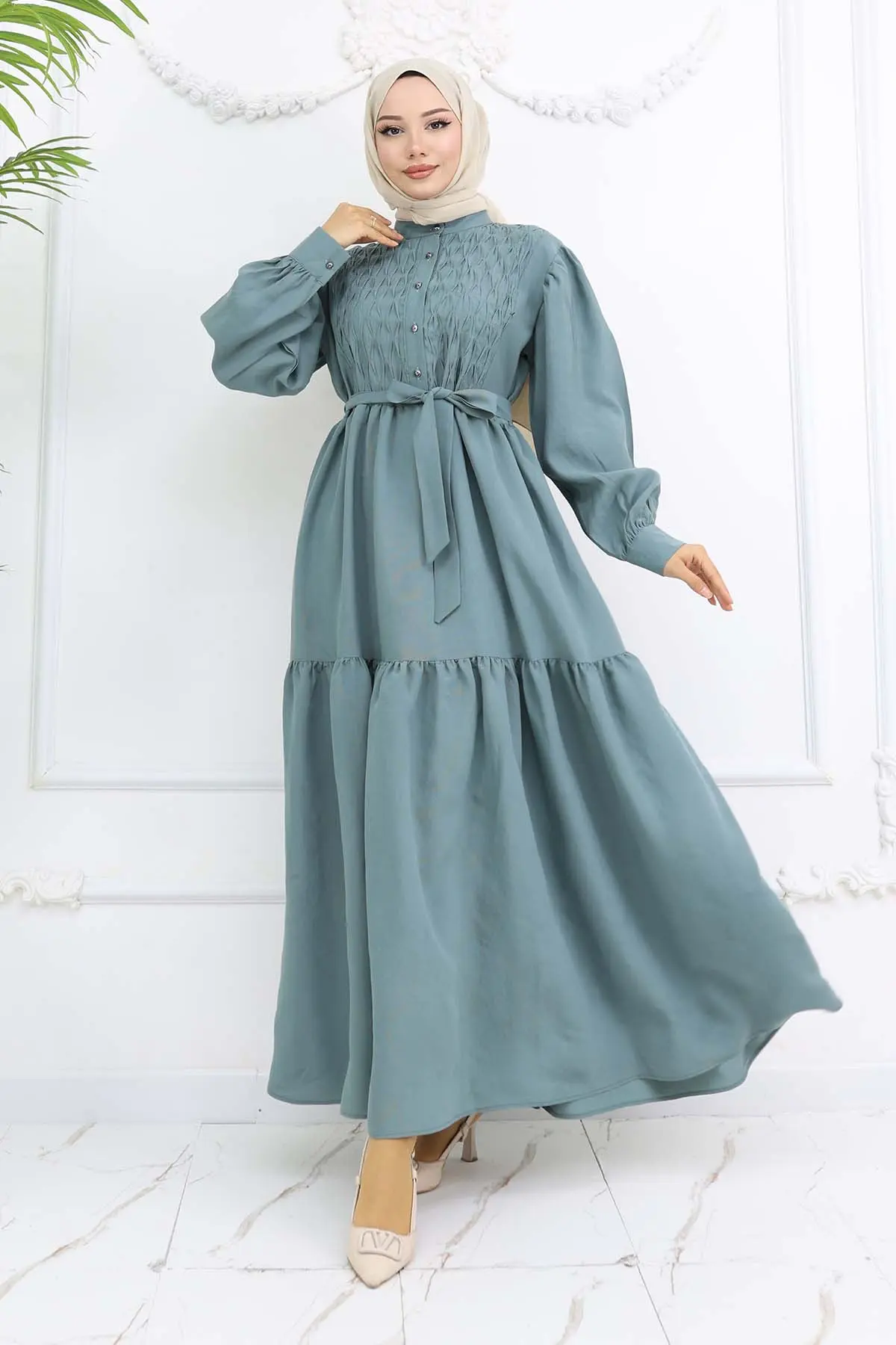 Kuşaklı Tesettür Elbise Çağla 2247-detail