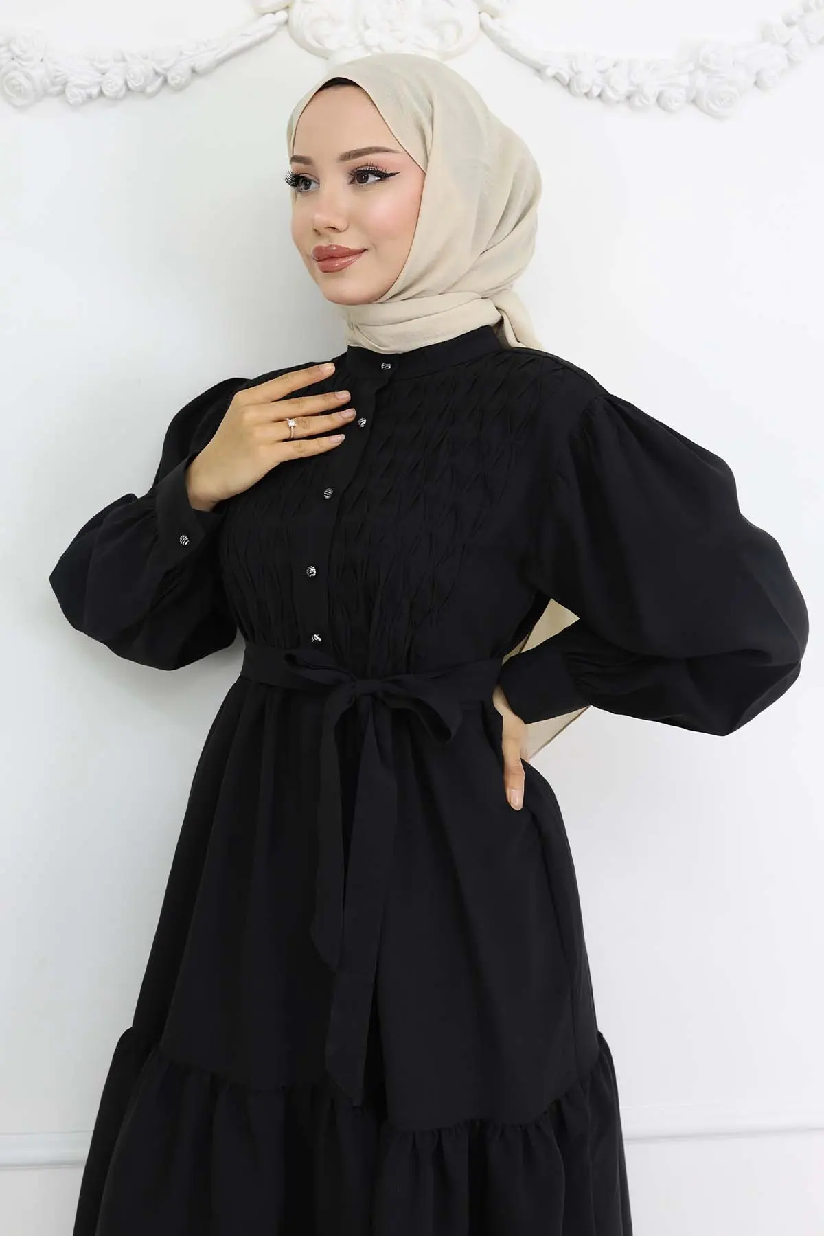 Kuşaklı Tesettür Elbise Siyah 2247-detail