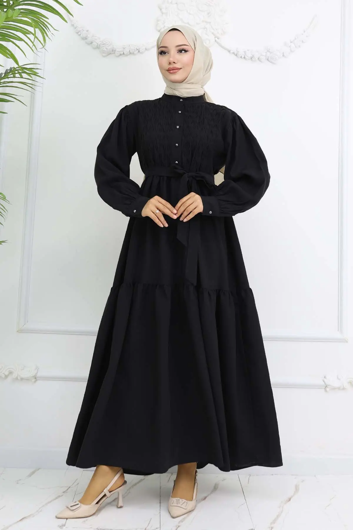 Kuşaklı Tesettür Elbise Siyah 2247-detail