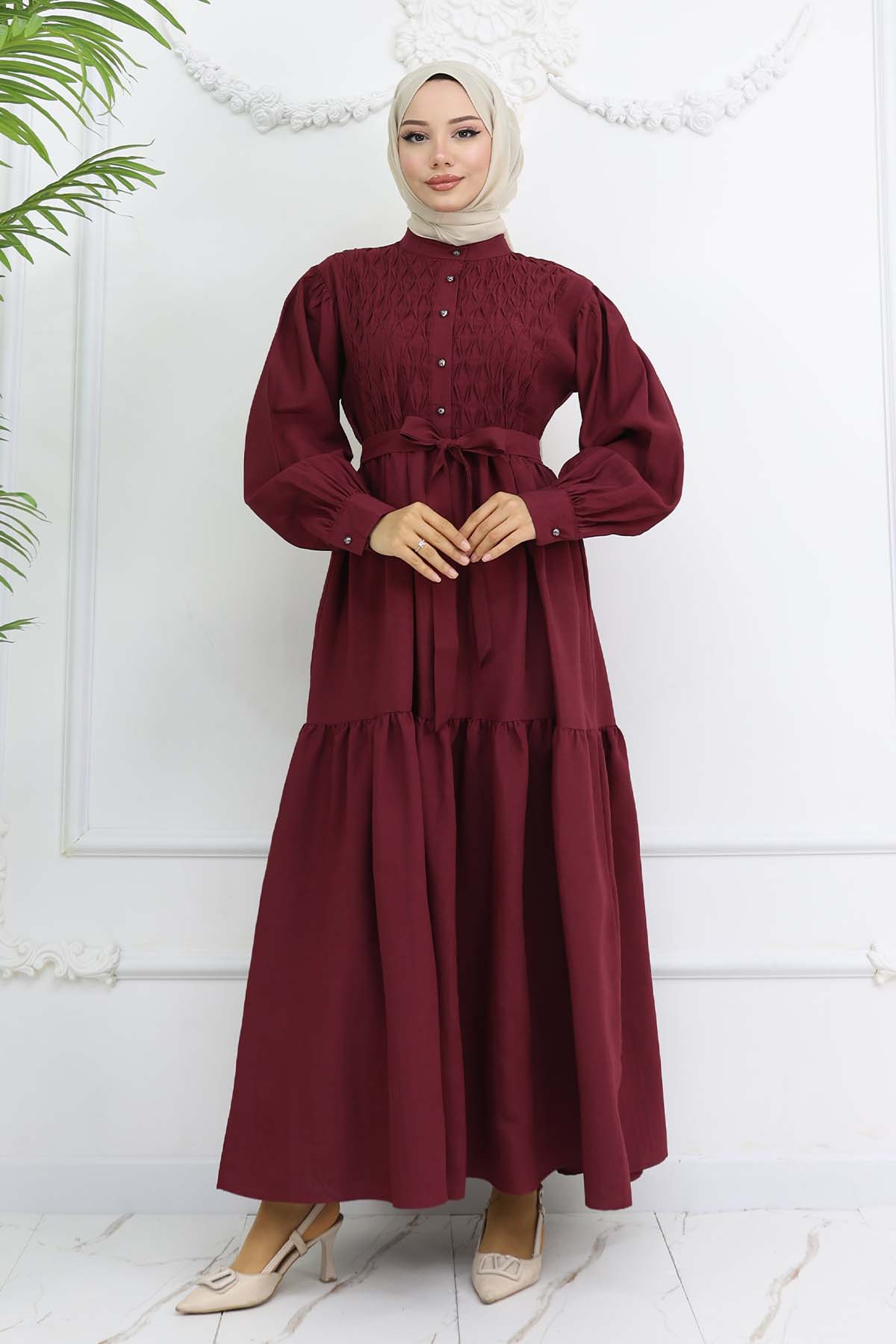 Kuşaklı Tesettür Elbise Bordo 2247