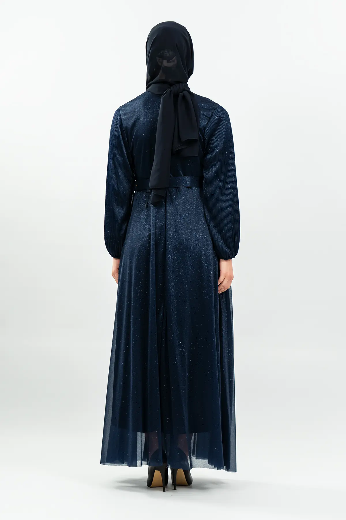 Lacivert Kemerli Özel Gün Tesettür Abiye Elbise-detail