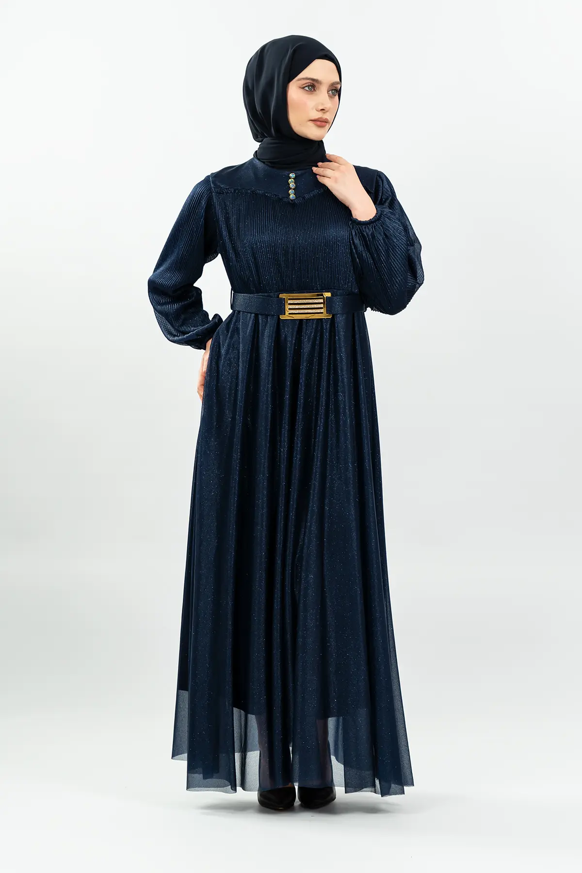Lacivert Kemerli Özel Gün Tesettür Abiye Elbise-detail