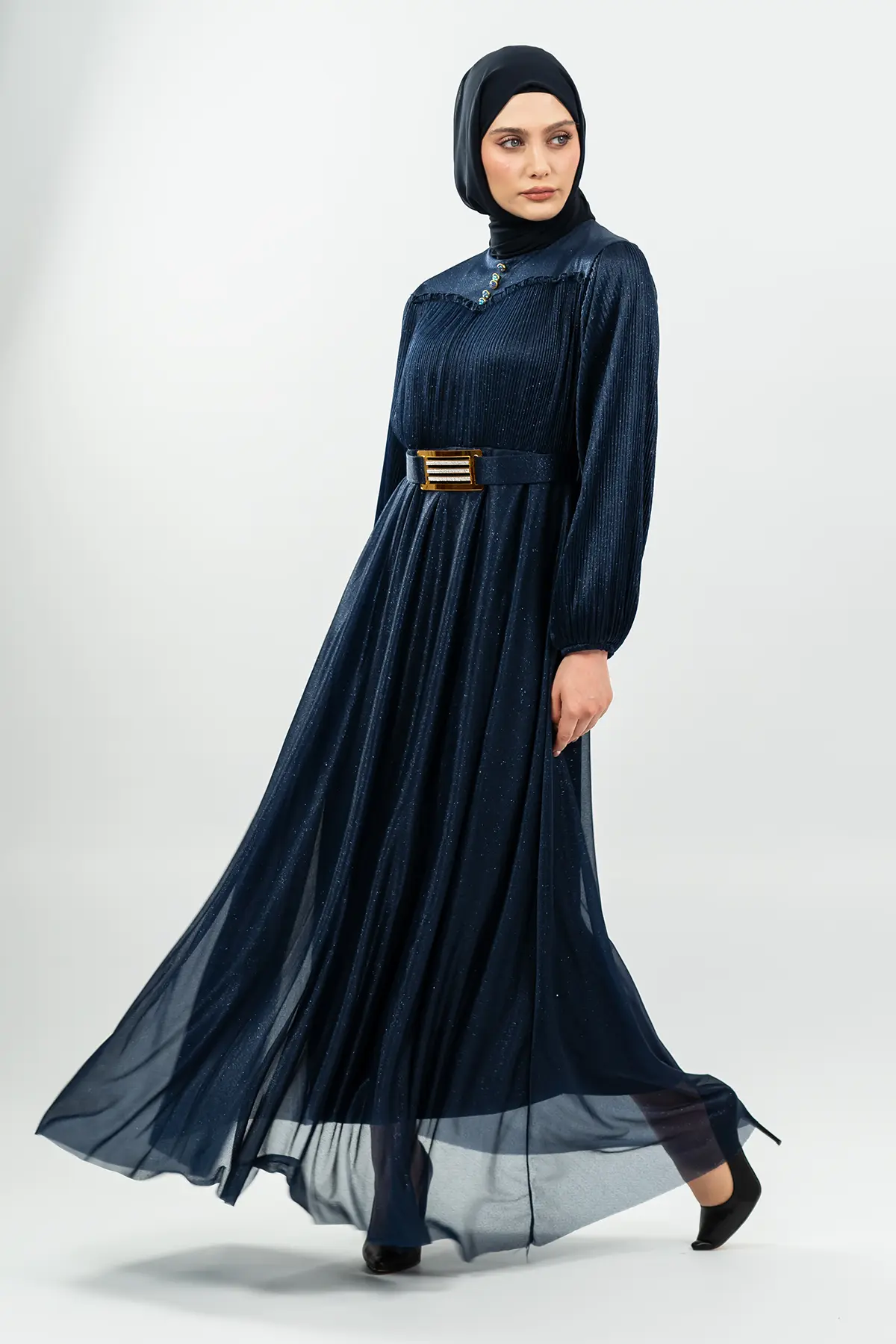 Lacivert Kemerli Özel Gün Tesettür Abiye Elbise-detail
