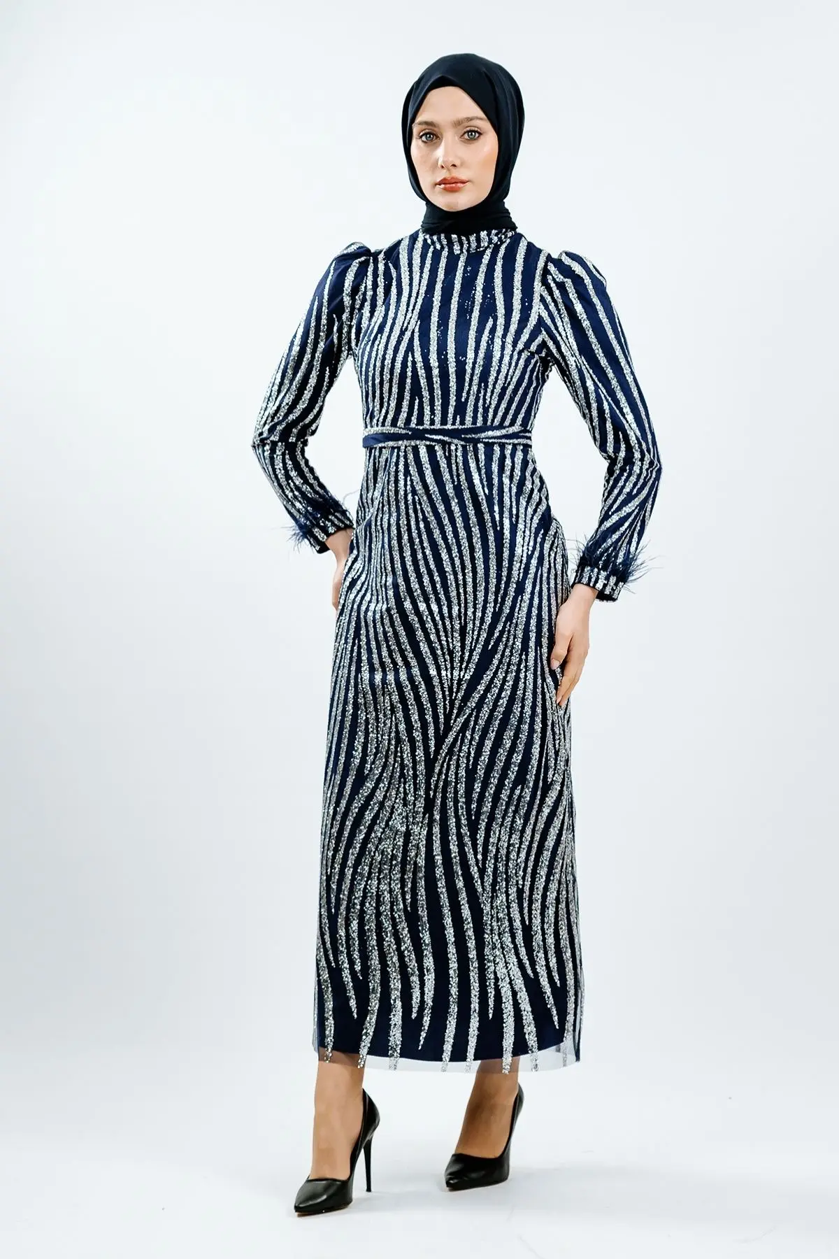 Navy Blue Silvery Evening Dress-detail