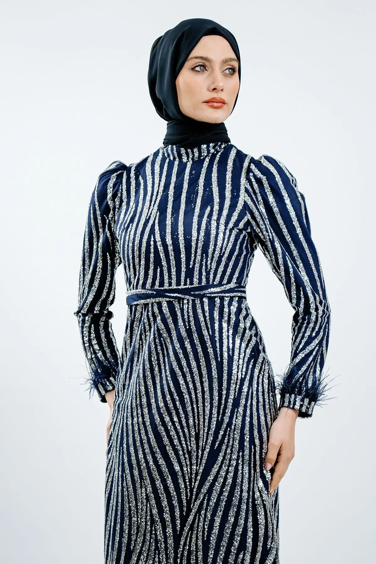 Navy Blue Silvery Evening Dress-detail