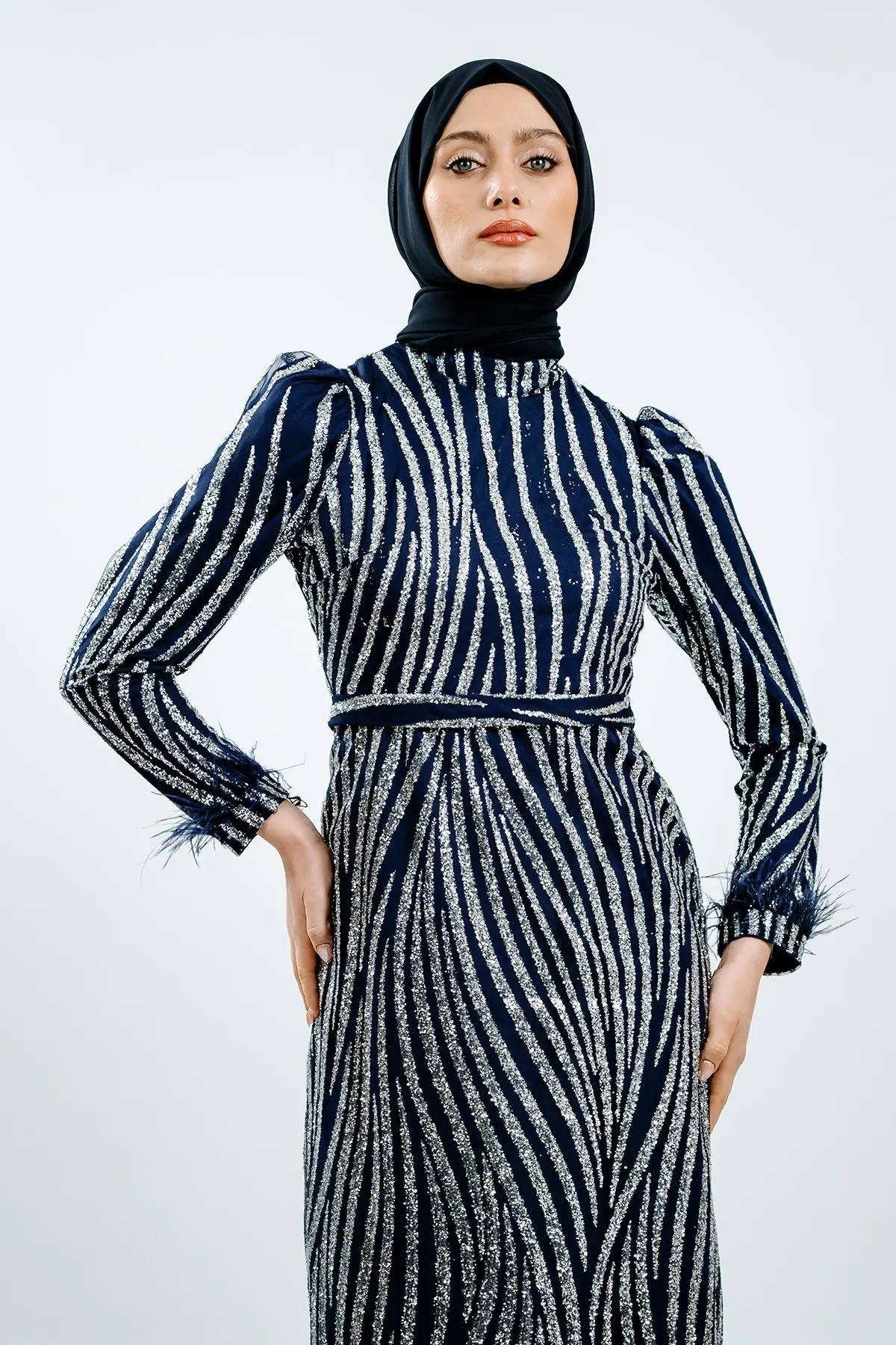 Navy Blue Silvery Evening Dress-detail