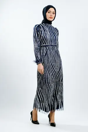 Lacivert Simli Tüy Detaylı Abiye Elbise