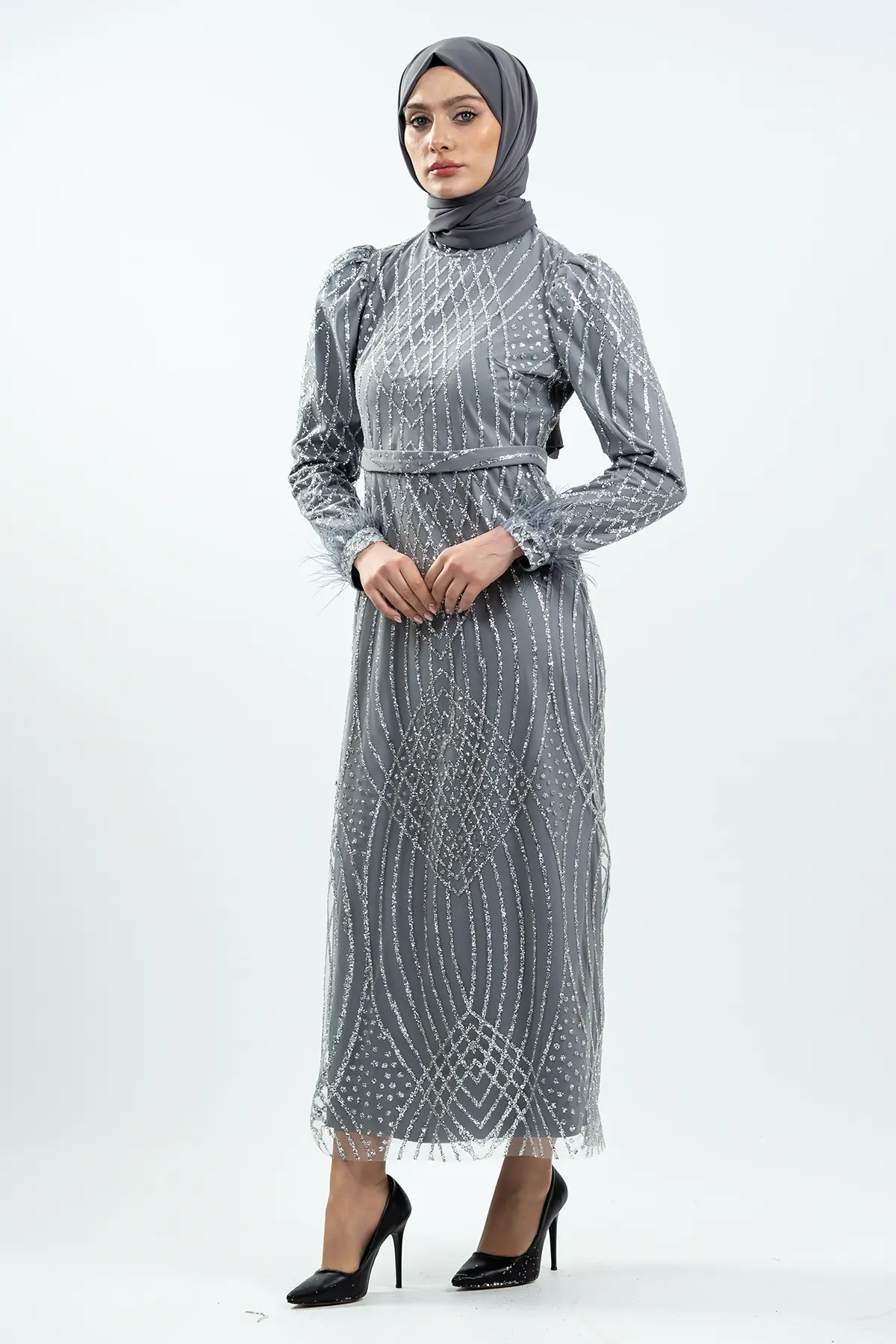 Navy Blue Silvery Evening Dress-detail