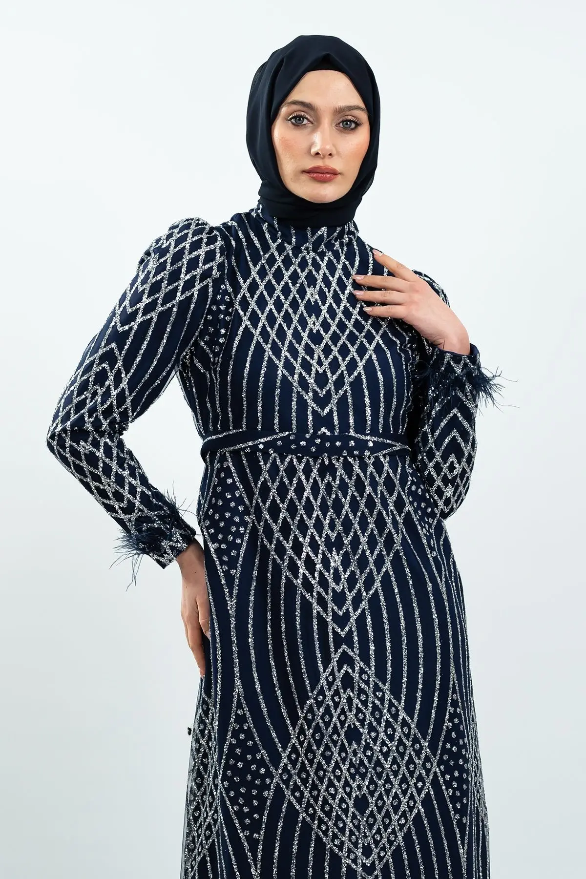 Navy Blue Silvery Evening Dress-detail