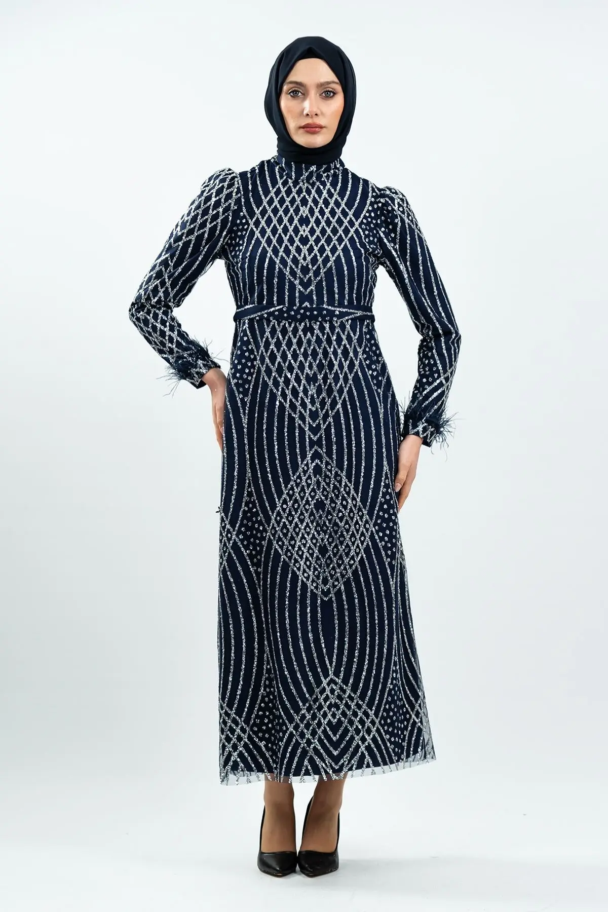 Navy Blue Silvery Evening Dress-detail