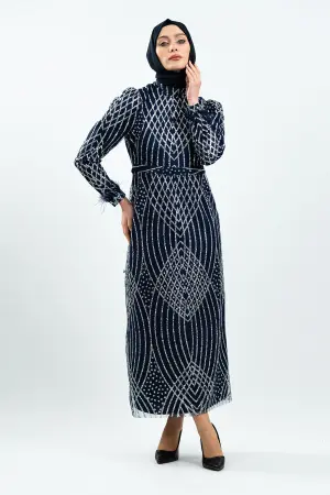 Navy Blue Silvery Evening Dress
