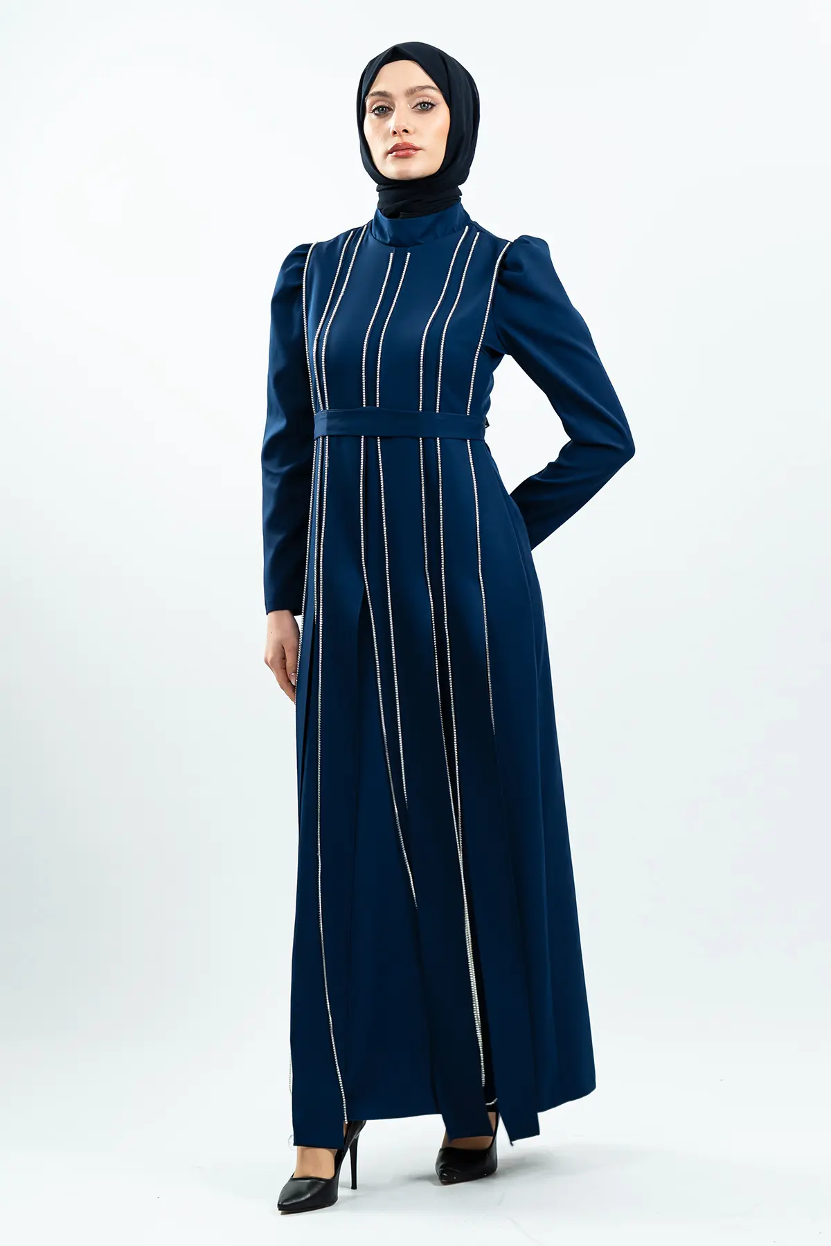 Navy Blue Stone Detailed Evening Dress-detail