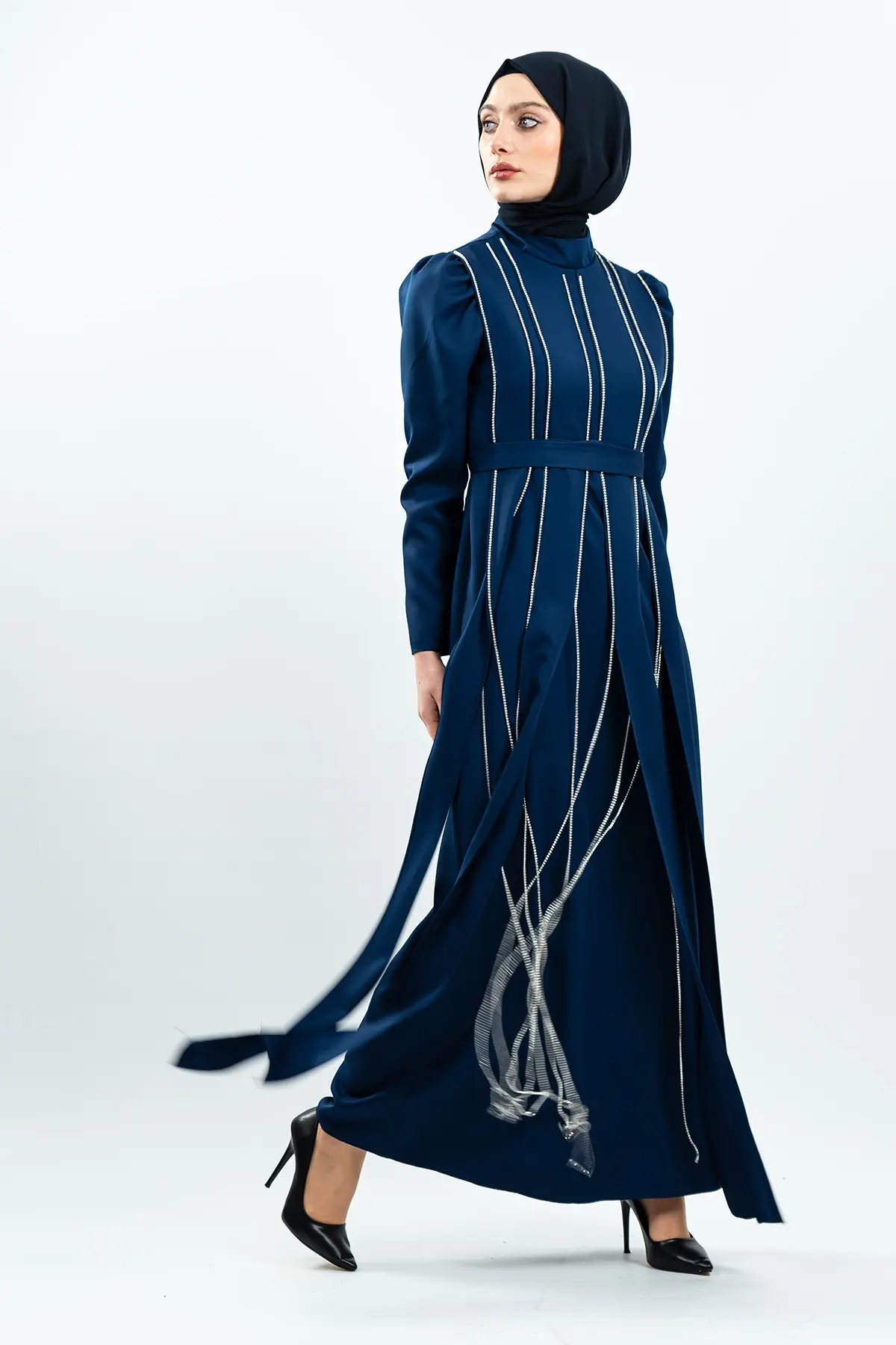 Navy Blue Stone Detailed Evening Dress-detail