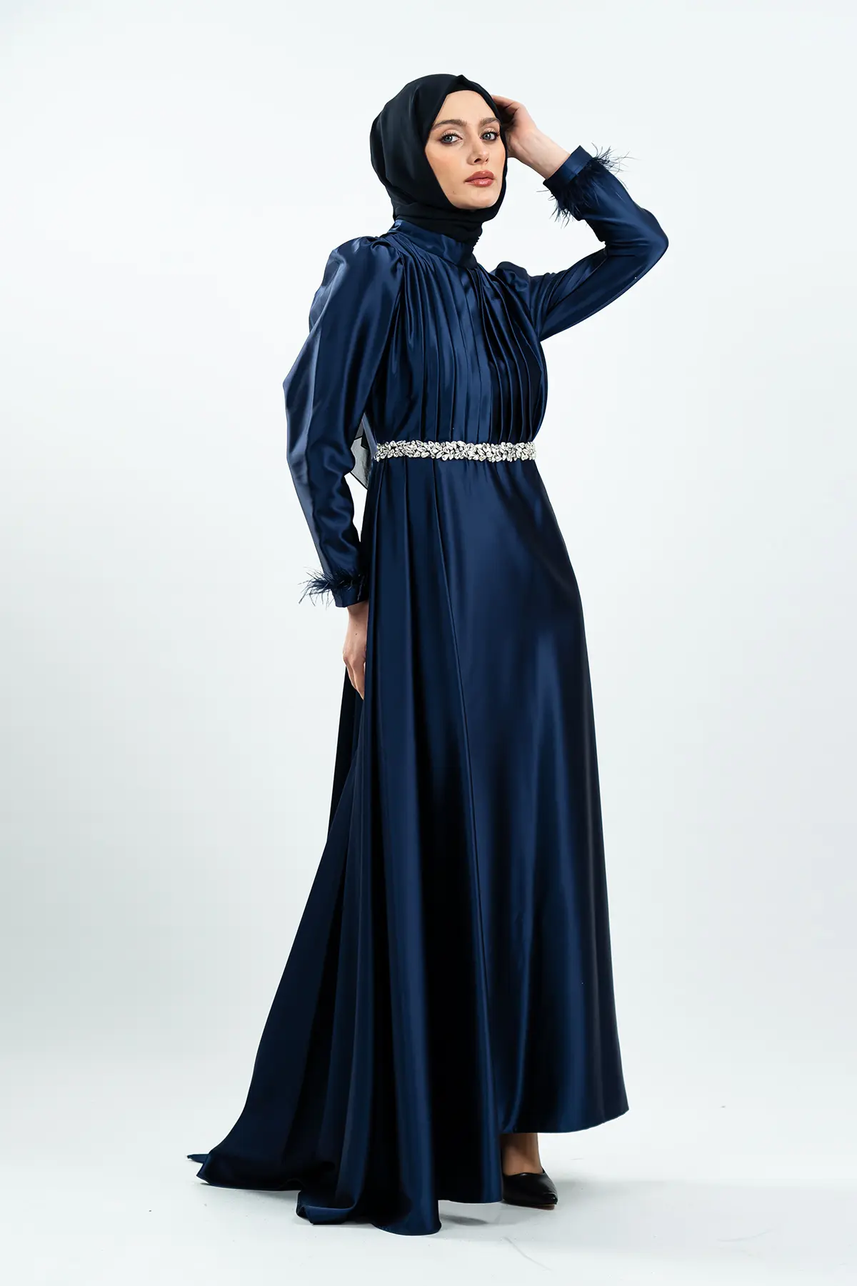 Navy Blue Satin Evening Dress-detail