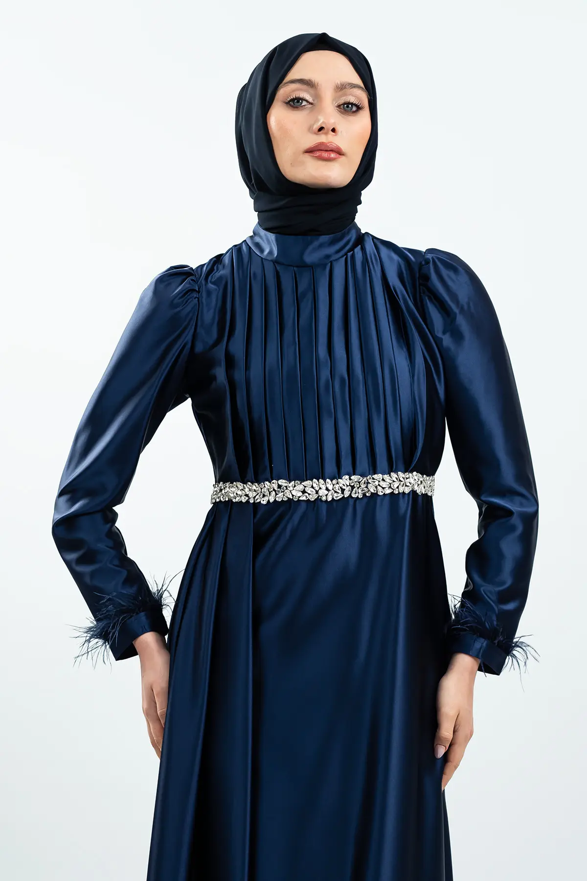 Navy Blue Satin Evening Dress-detail