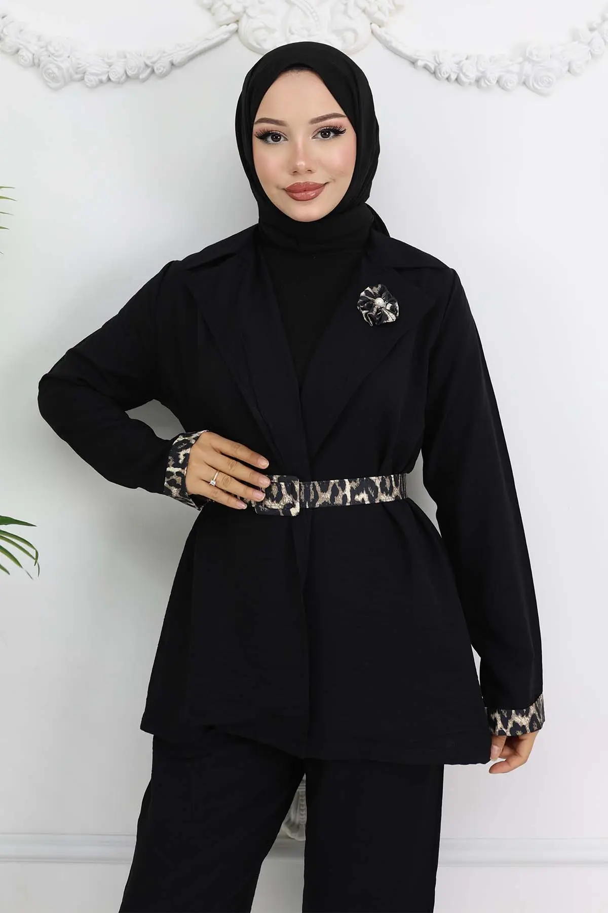Leopar Desenli Kemerli Ceket Pantolon Takım Siyah 4718-detail